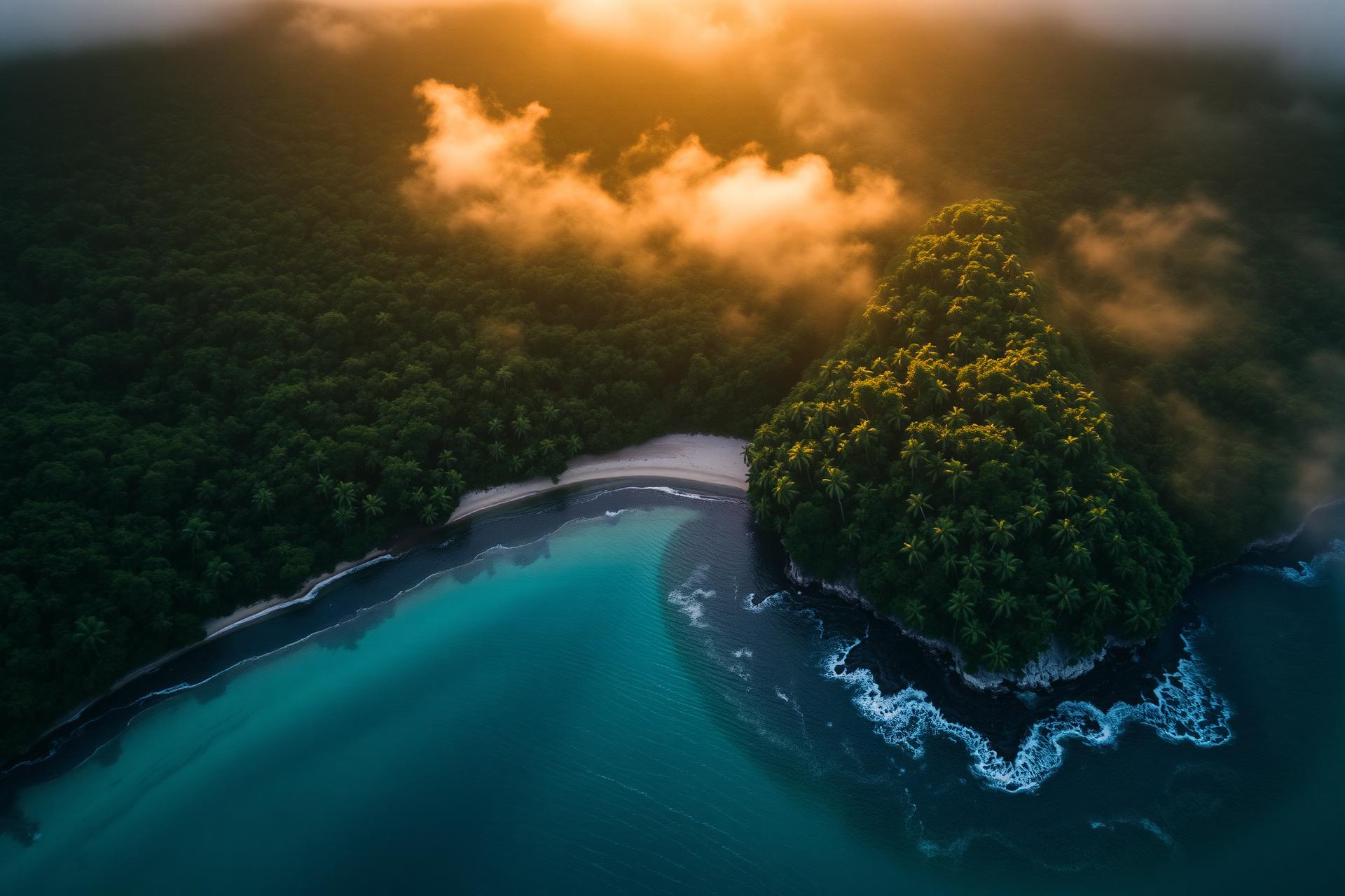 Aerial view of Jamaican coastline at golden hour